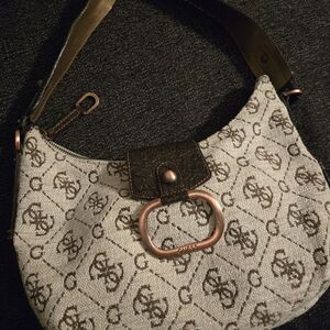 Vintage Guess Cream & Brown Signature Monogram Shoulder Bag